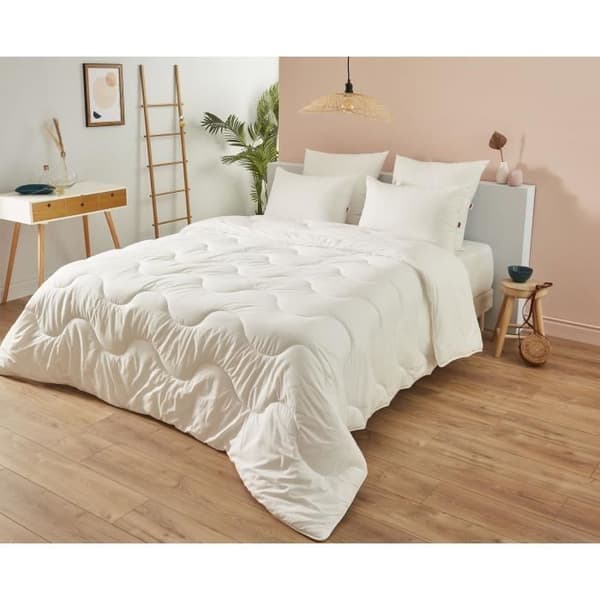 Täcke 240x260 cm DODO CHAMPS DE LIN - Varm - 450G/m² - Täcke för 2 personer - Mjuk och varm - Anti-kvalster Antibakteriell - Vit