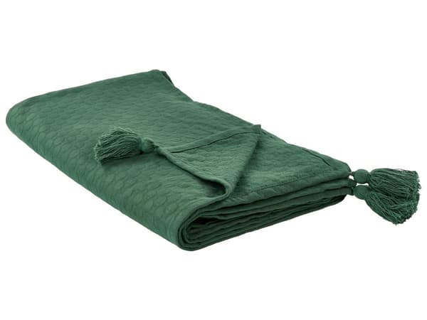 Överkast Grön Bomull 220 x 200 cm med Tofsar Dekorativ Pläd Sängkläder Sovrum