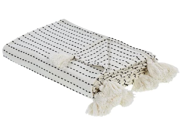 Päiväpeitto luonnonvalkoinen puuvilla 200 x 220 cm raidallinen konepestävä tupsuilla moderni tyyli