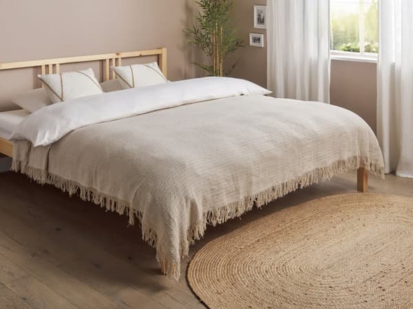 Sengeteppe i Grått Bomullsstoff 200 x 220 cm med Dusker Dekorativt Kaste Teppe Sengetøy Klassisk Design Soverom