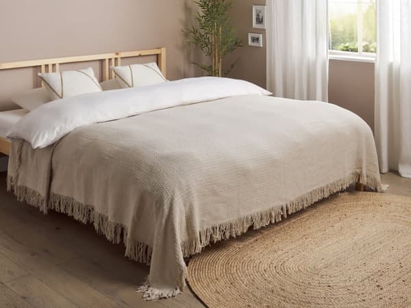 Sengeteppe i Grått Bomullsstoff 220 x 240 cm med Dusker Dekorativt Kaste Teppe Sengetøy Klassisk Design Soverom