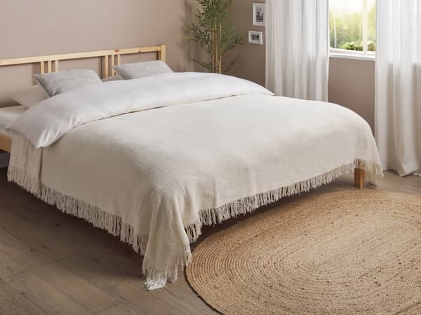 Överkast Vit Bomullstyg 200 x 220 cm med tofsar Dekorativ Pläd Sängkläder Klassisk Design Sovrum