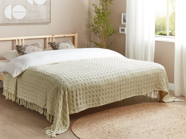 Överkast Vitt Bomullstyg 220 x 240 cm med Tofsar Dekorativ Pläd Sängkläder Klassisk Design Sovrum