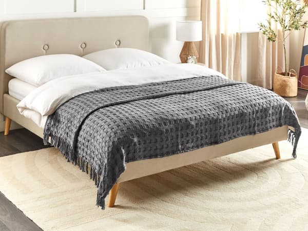 Överkast Grå Bomullstyg 200 x 220 cm med Tofsar Dekorativ Pläd Sängkläder Klassisk Design Sovrum