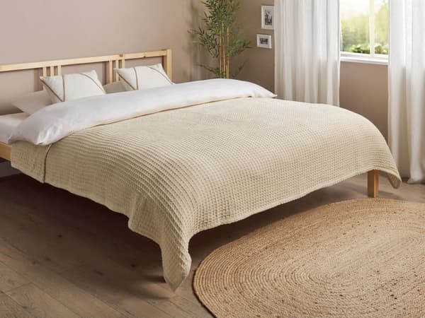 Överkast Beige Bomull 200 x 220 cm Våffelmönster Sängöverkast Vardagsrum Sovrum Textilier