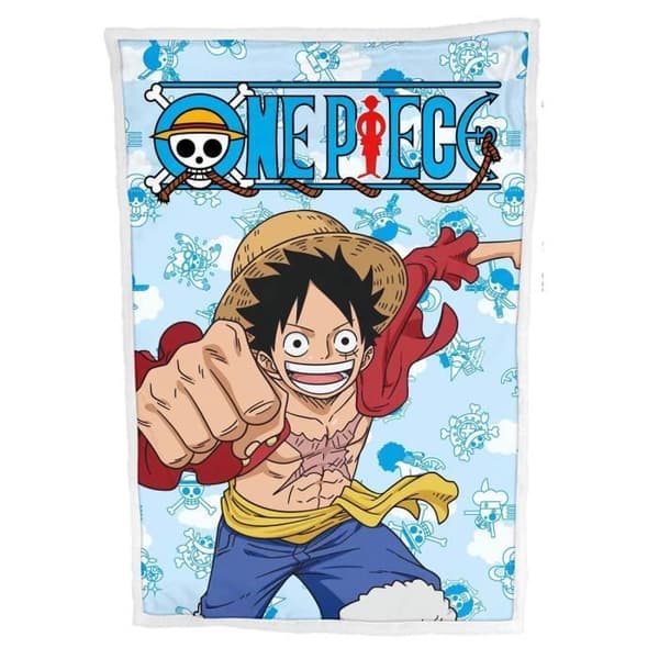 Lyo One Piece sherpafilt - Luffy - blå/röd/gul - 100x150 cm