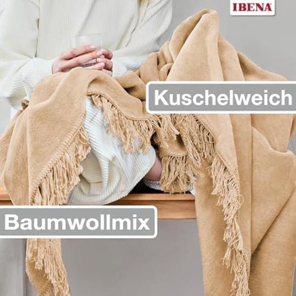 Filt - IBENA - Braga - 150 x 200 cm - Mjuk bomullsblandning - Kan tvättas i maskin - Vanlig konjak
