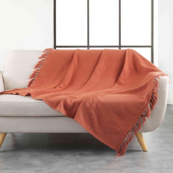 KASTA MED FRANSAR 125 x 150 CM VÄVAD BOMULL ZAMINA TERRACOTTA