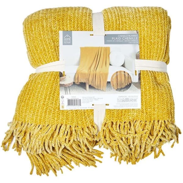 Rutig chenille i polyester med fransar 120 x 150 cm senap
