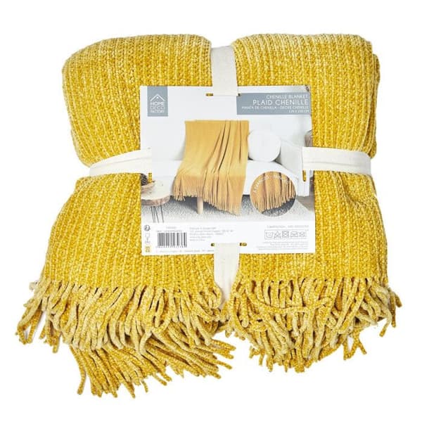 Rutig chenille i polyester med fransar 120 x 150 cm senap