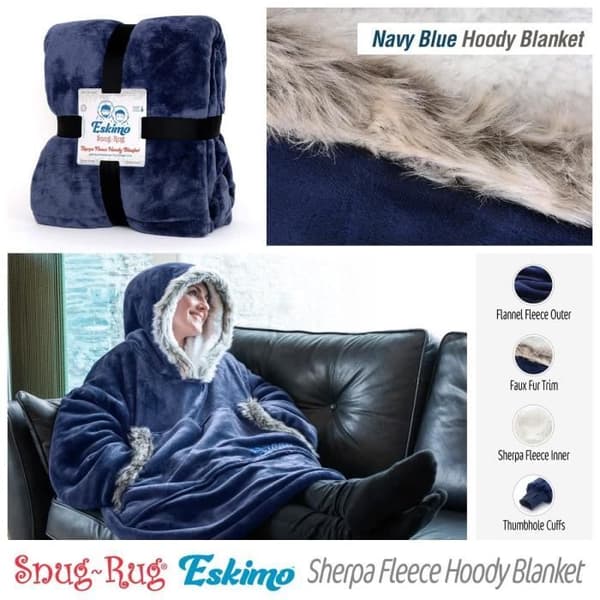 Snug Rug Blue - Eskimo Hooded Filt Oversized Mjuk och Varm - Fleece Sherpa Tyg - One Size och Unisex