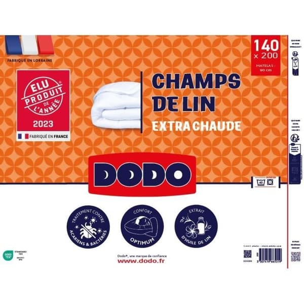 Täcke 140x200 cm DODO CHAMPS DE LIN - Varmt - 450 g/m² - 1 persons täcke - Mjukt och varmt - Antikvalster Antibakteriellt - Vitt