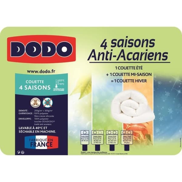 DODO 4-säsongers anti-dammkvalster-täcke - 240 x 260 cm - Vit