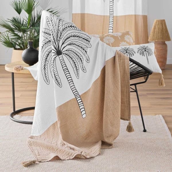 Pläd med pom poms 125x150 cm - Bomullsgaze - Palm - Natur
