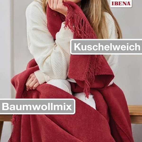 Täckning - IBENA - Braga - 150 x 200 cm - Mjuk bomullsblandning - Maskintvättbar - Enfärgad röd