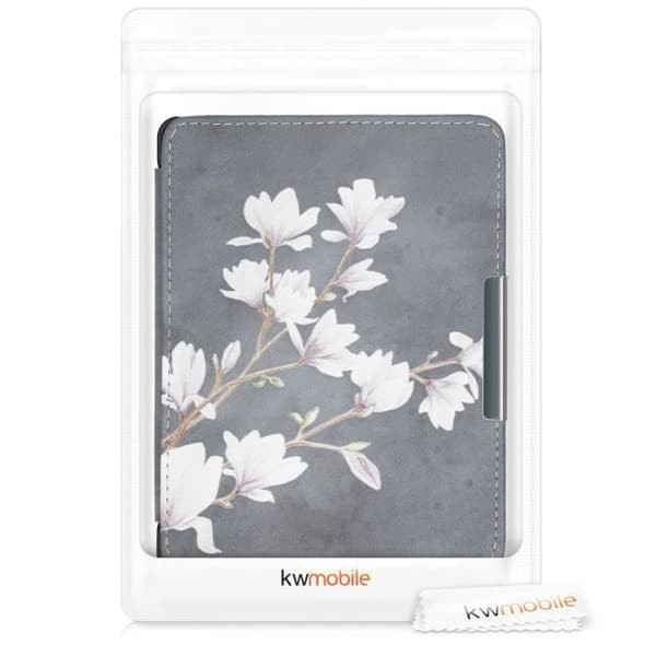 kwmobile eReader-fodral kompatibelt med Kobo Glo HD / Touch 2.0 - Fodral med magnetisk flik i konstläder - magnolior taupe-vit-