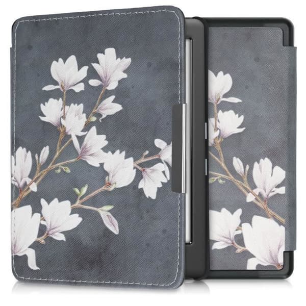 kwmobile eReader-fodral kompatibelt med Kobo Glo HD / Touch 2.0 - Fodral med magnetisk flik i konstläder - magnolior taupe-vit-
