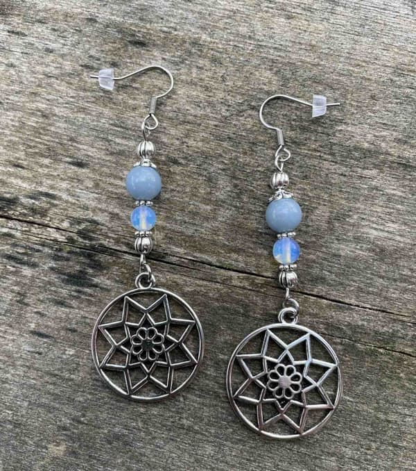 Earrings/Korvakorut-Mandala/Dreamcatcher with Aquamarine/Akvamariini and Opalite