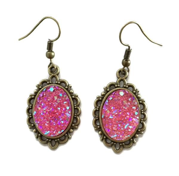 Earrings - Glitter - Druzy - Pink - Oval