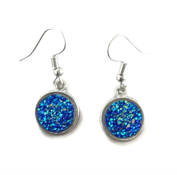 Earrings - Glitter - Druzy - Blue - Silver