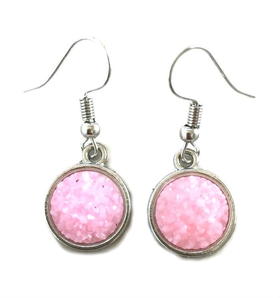 Earrings - Glitter - Druzy - Pink - Silver