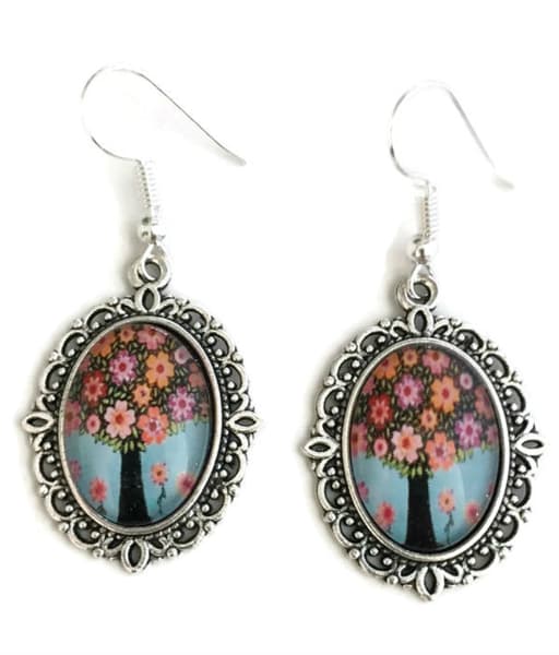 Earrings - Tree of Life - Flowers - Cabochon - Silver