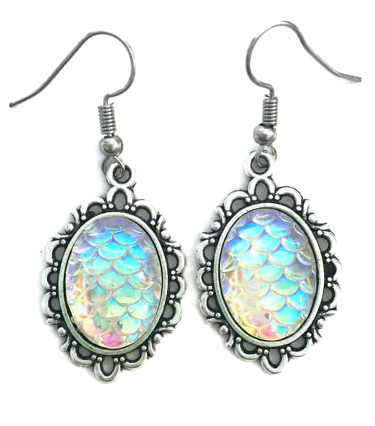 Earrings - Scale - Dragon - Mermaid - Opal - Silver