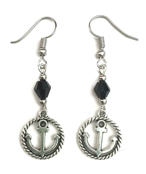 Earrings - Anchor - Glass Stone - Black