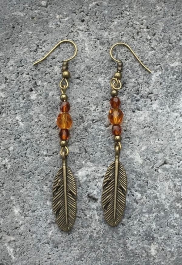 Earrings - Feathers - Beads - Bronze