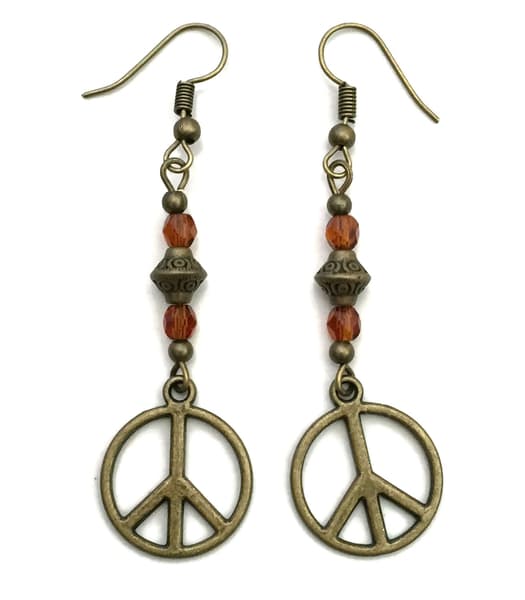 Örhängen Peace Fredssymbol Brons Bärnstensfärg Pärlor