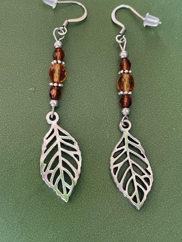 Earrings - Leaves - Silver - Amber - Beads