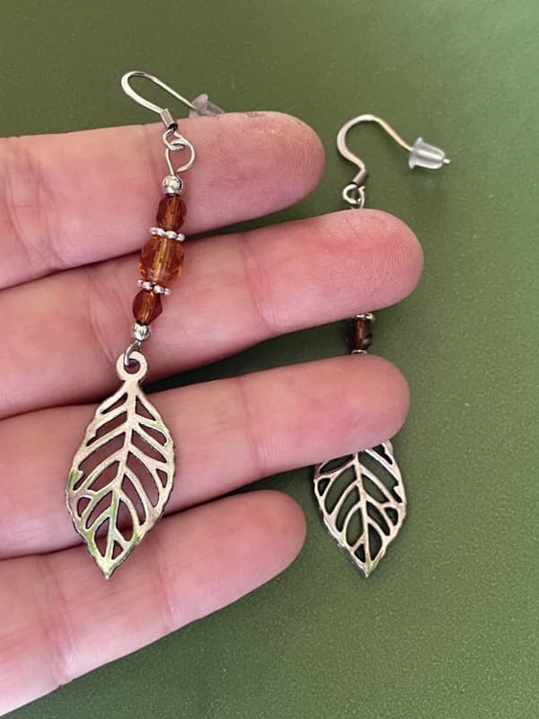 Earrings - Leaves - Silver - Amber - Beads