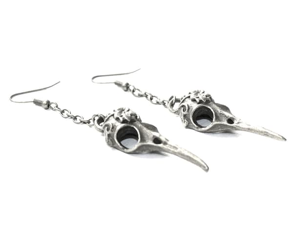 Earrings - Bird - Skull - Cranium - Raven - Silver
