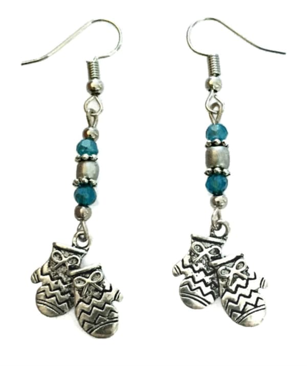 Earrings - Mittens - Beads - Blue - Silver