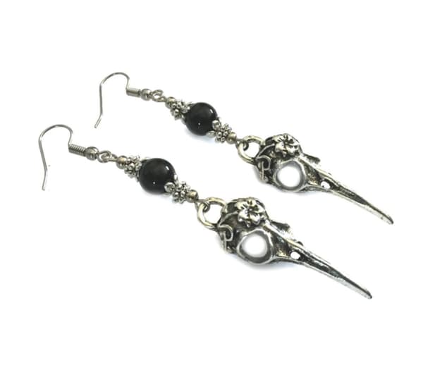 Earrings - Bird - Raven - Skull - Onyx