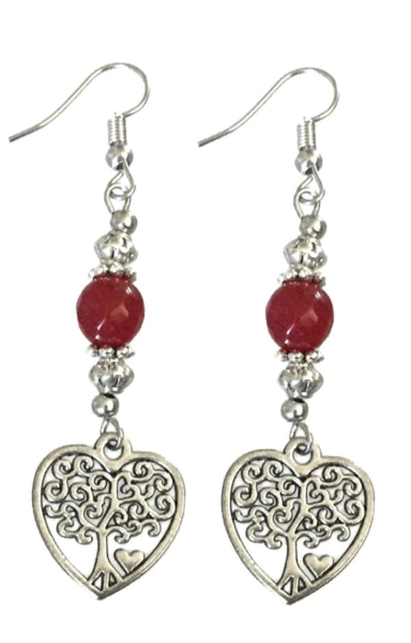 Earrings - Tree of Life - Heart - Agate - Red