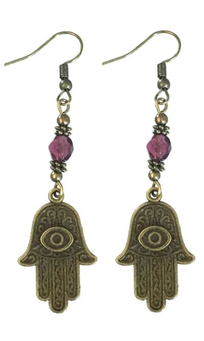 Earrings - Hamsa - Hand of Fatima - Bronze - Bead - Purple