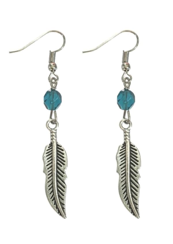 Earrings - Feather - Bead - Petrol