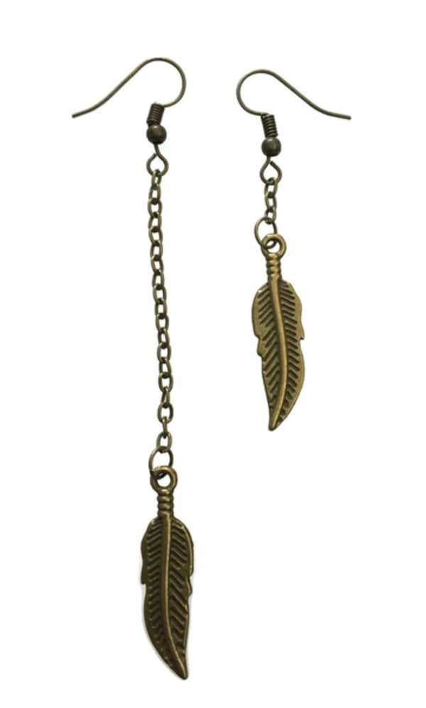 Earrings - Feather - Asymmetrical - Chain - Bronze