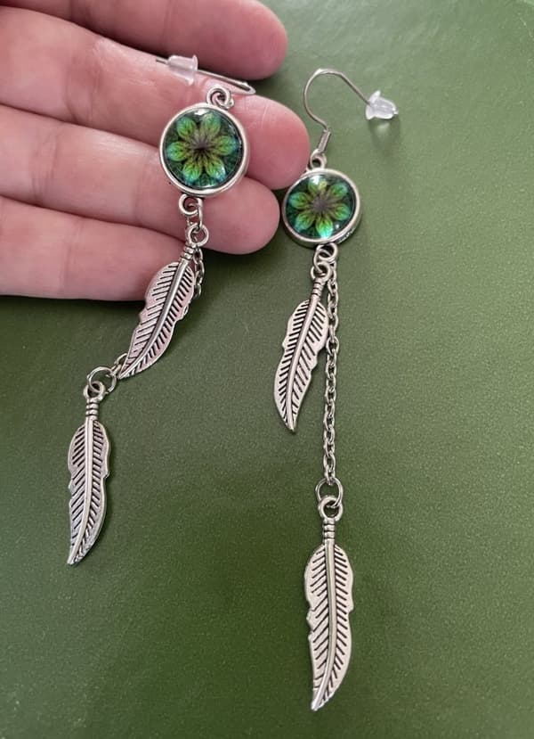Earrings - Feathers - Mandala - Green