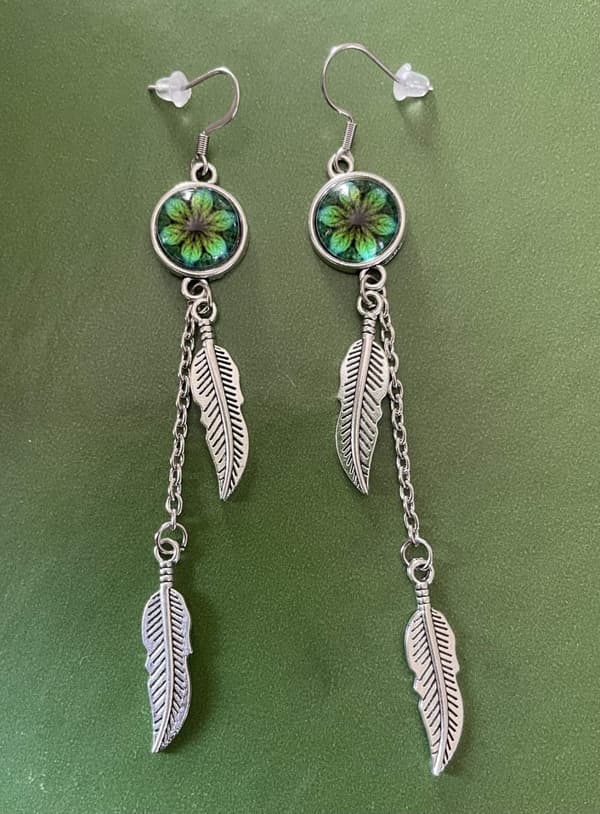 Earrings - Feathers - Mandala - Green