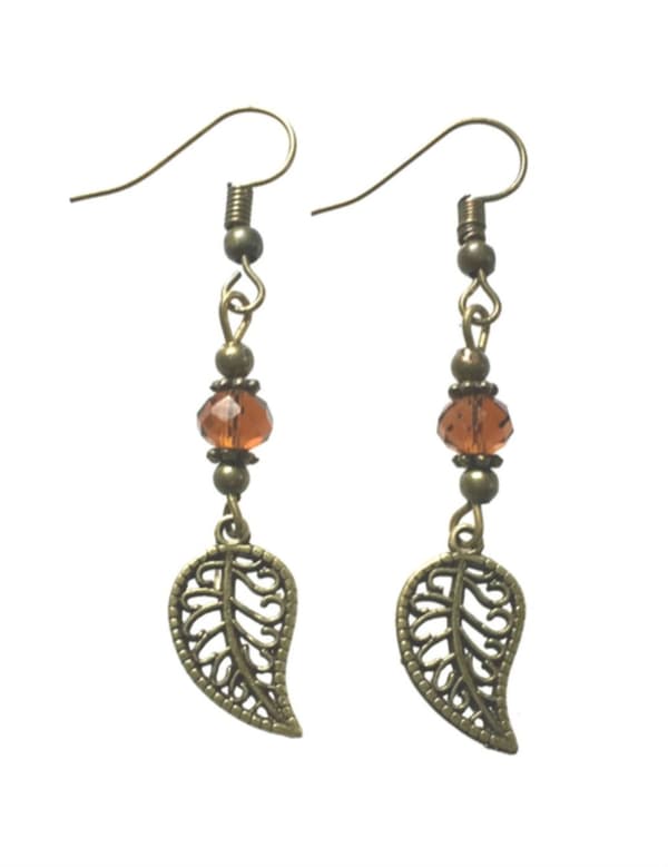Earrings - Leaf - Bead - Amber - Bronze