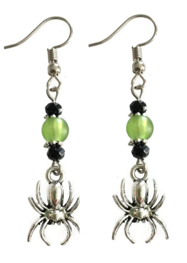 Earrings - Spider - Beads - Green - Black