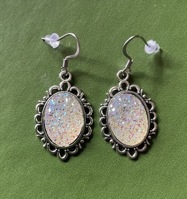 Earrings - Glitter - Druzy - Opal/White