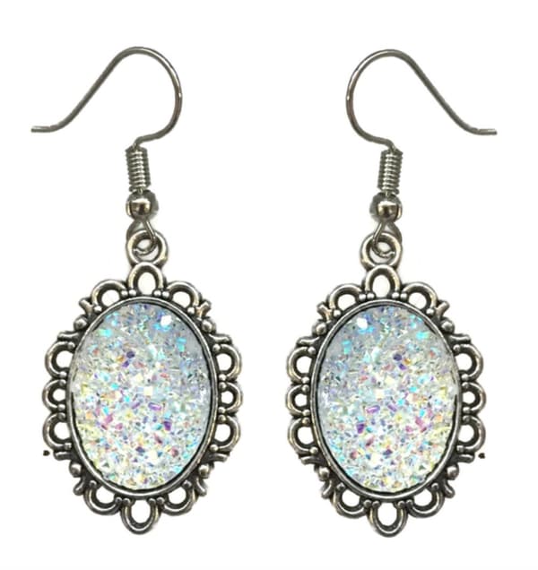 Earrings - Glitter - Druzy - Opal/White