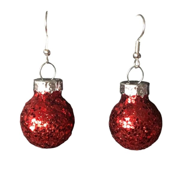 Silver Örhängen till Jul / Christmas - Röda Glittriga Julkulor