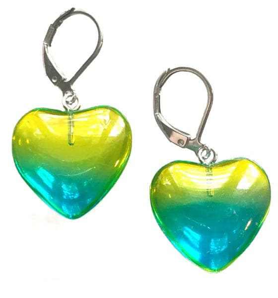 Earrings - Heart - Green/Yellow - Stainless Steel
