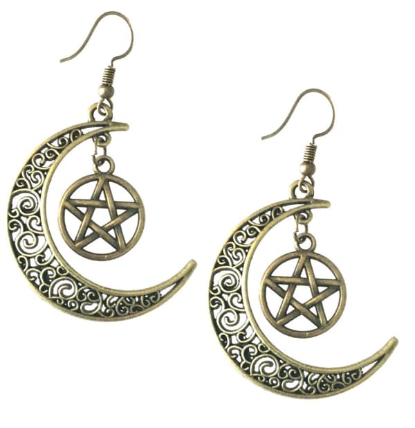 Earrings - Crescent Moon - Pentagram - Bronze