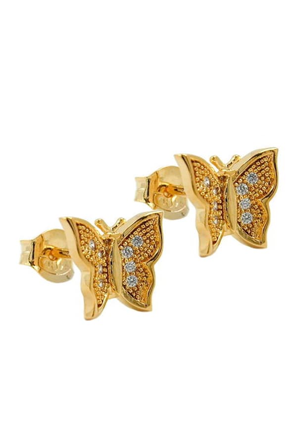 Stud Earrings Butterfly With Zirconia 3 Micron Gold Plating - GL30242