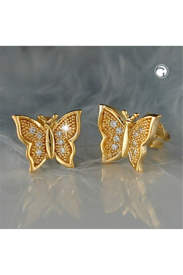 Stud Earrings Butterfly With Zirconia 3 Micron Gold Plating - GL30242